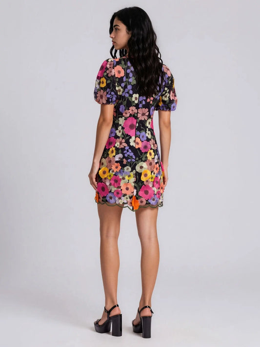 Embroidered Floral Puff-sleeve Shift Mini Dress - Layalita