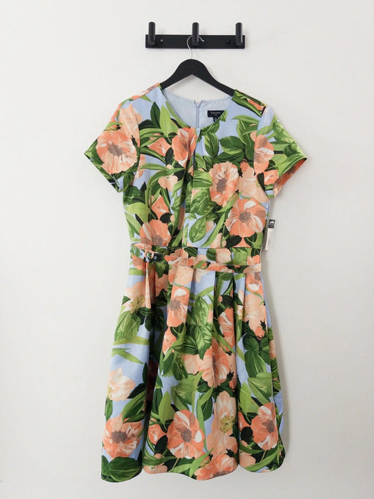 Floral Belted Pleated Short-Sleeve Dress Tahari 