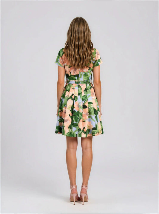 Floral Belted Pleated Short-Sleeve Dress Tahari 