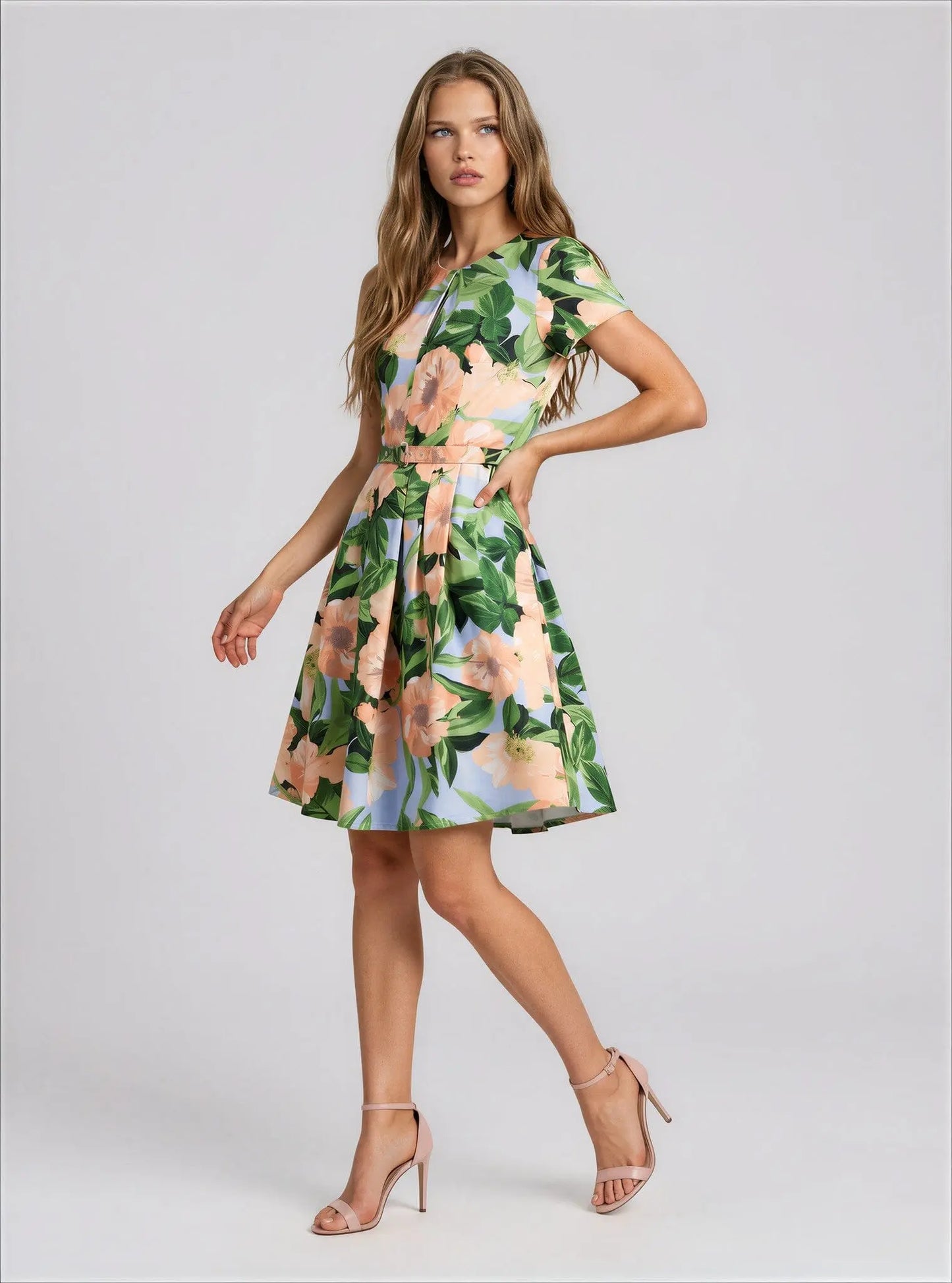 Floral Belted Pleated Short-Sleeve Dress Tahari 