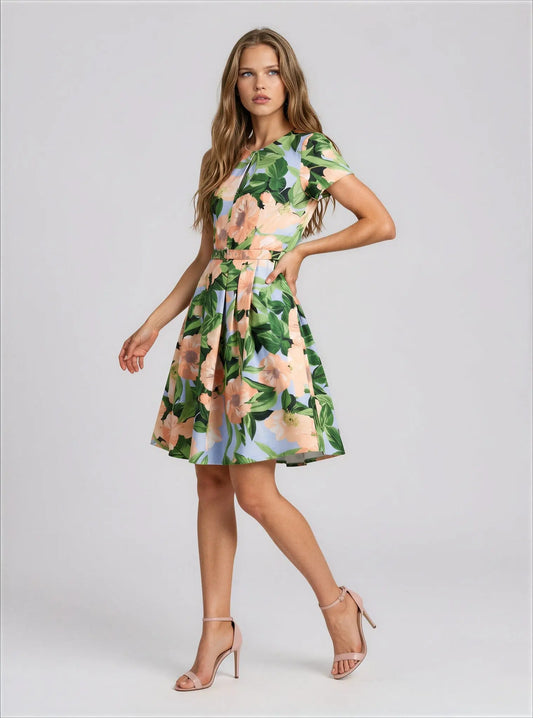 Floral Belted Pleated Short-Sleeve Dress Tahari 