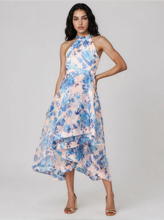Floral Halter High-Low Midi Dress Adrianna Papell 