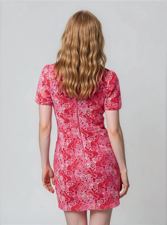 Floral-Lace Short-Sleeve Sweetheart-Neck Dress - Layalita