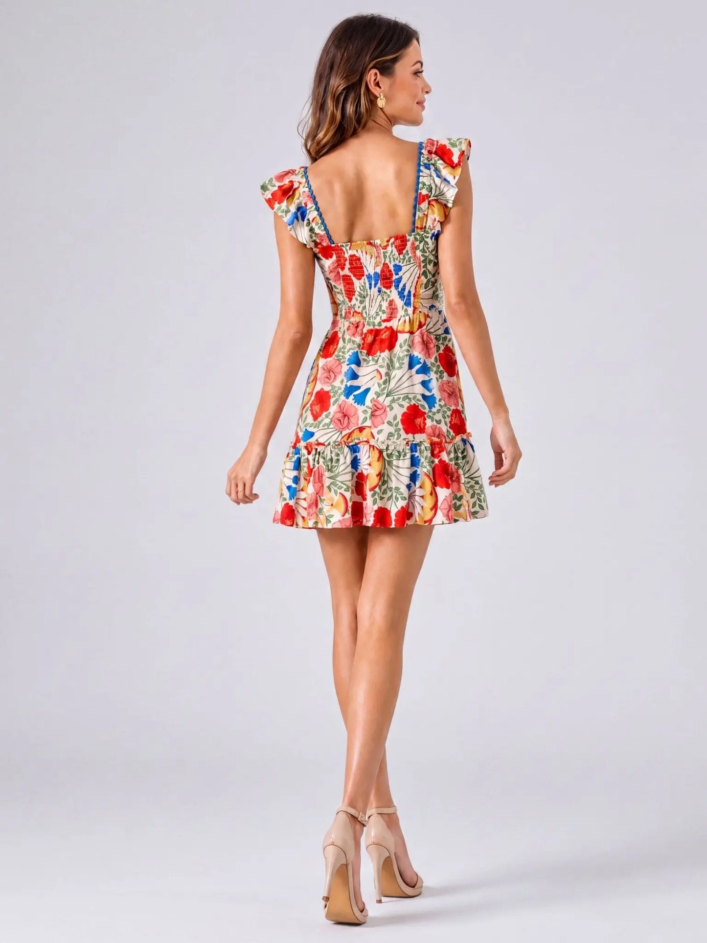 Floral-Print Flutter-Sleeve Mini Dress - Layalita