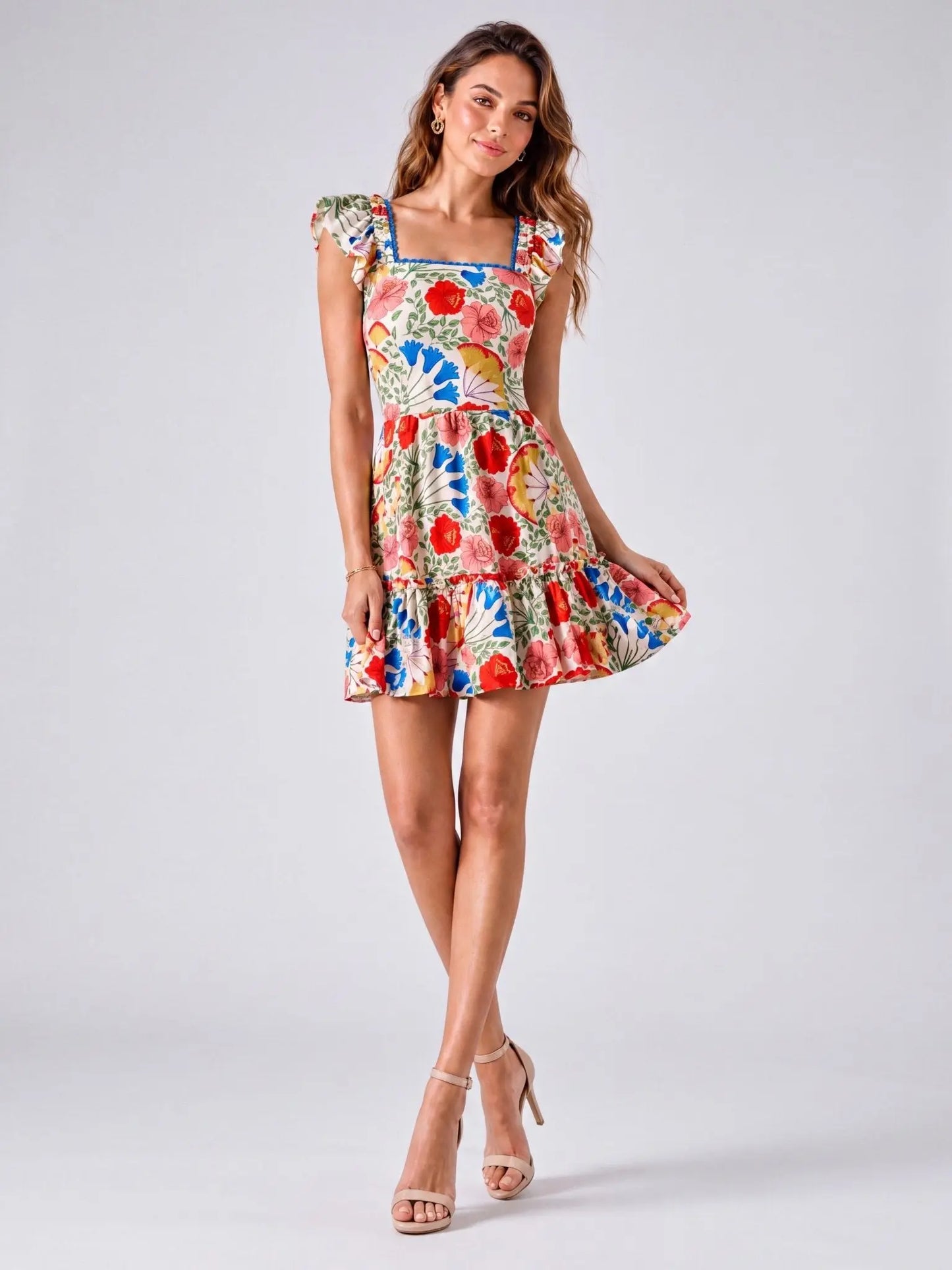 Floral-Print Flutter-Sleeve Mini Dress - Layalita