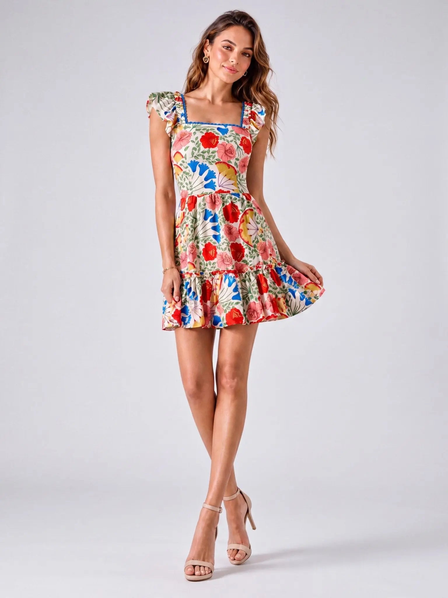 Floral-Print Flutter-Sleeve Mini Dress - Layalita
