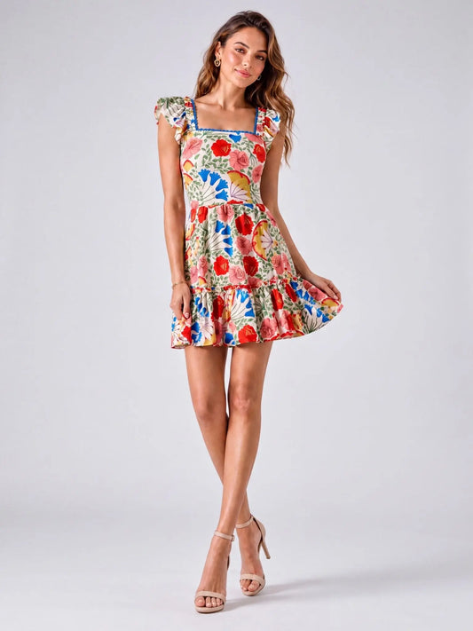 Floral-Print Flutter-Sleeve Mini Dress - Layalita