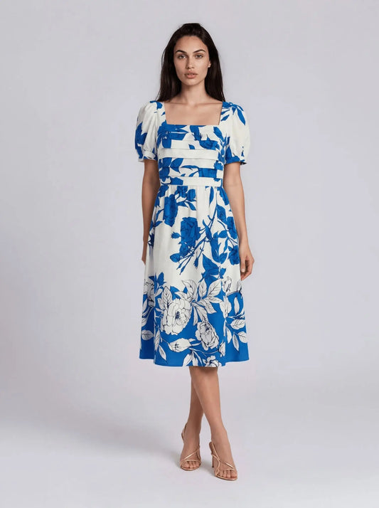 Floral-Print Square-Neck A-Line Dress - Layalita