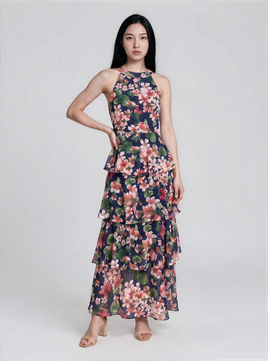 Floral-Print Tiered Halterneck Maxi Dress - Layalita