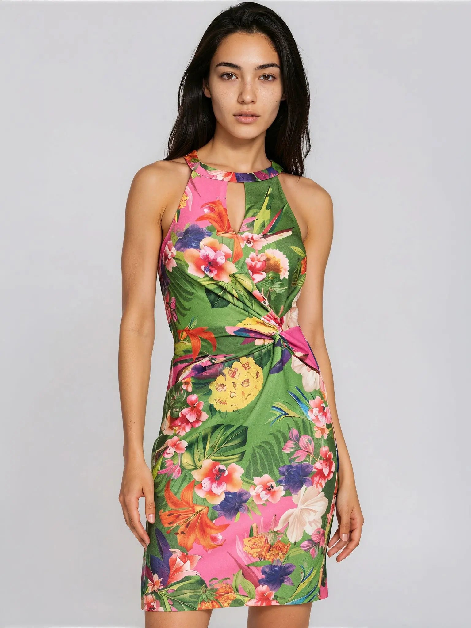 Floral - Print Twist - Front Bodycon Dress - Layalita