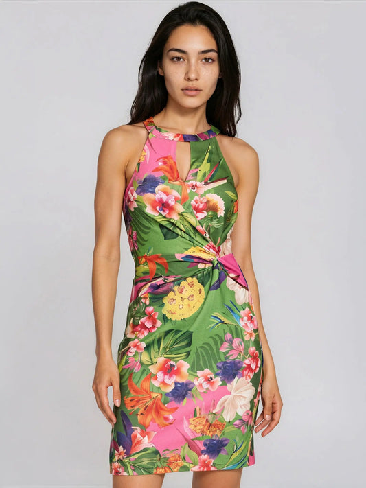 Floral - Print Twist - Front Bodycon Dress - Layalita
