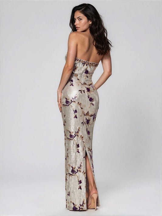 Floral Sequined Strapless Gown - Layalita