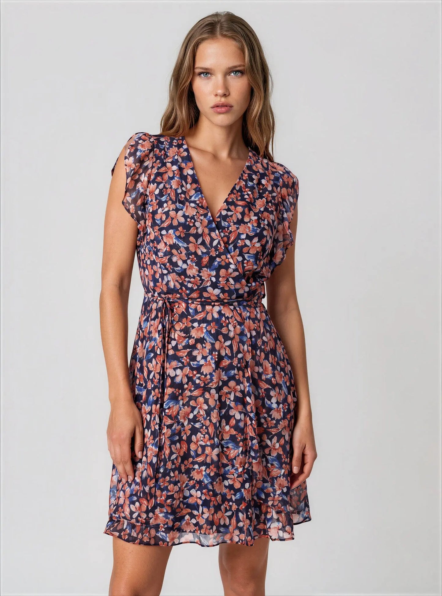 Flutter-Sleeve Faux-Wrap Dress - Layalita