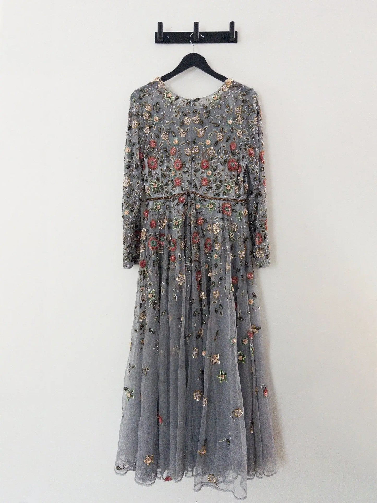 Gray Embellished High Neck Long Sleeve A Line Gown Mac Duggal 
