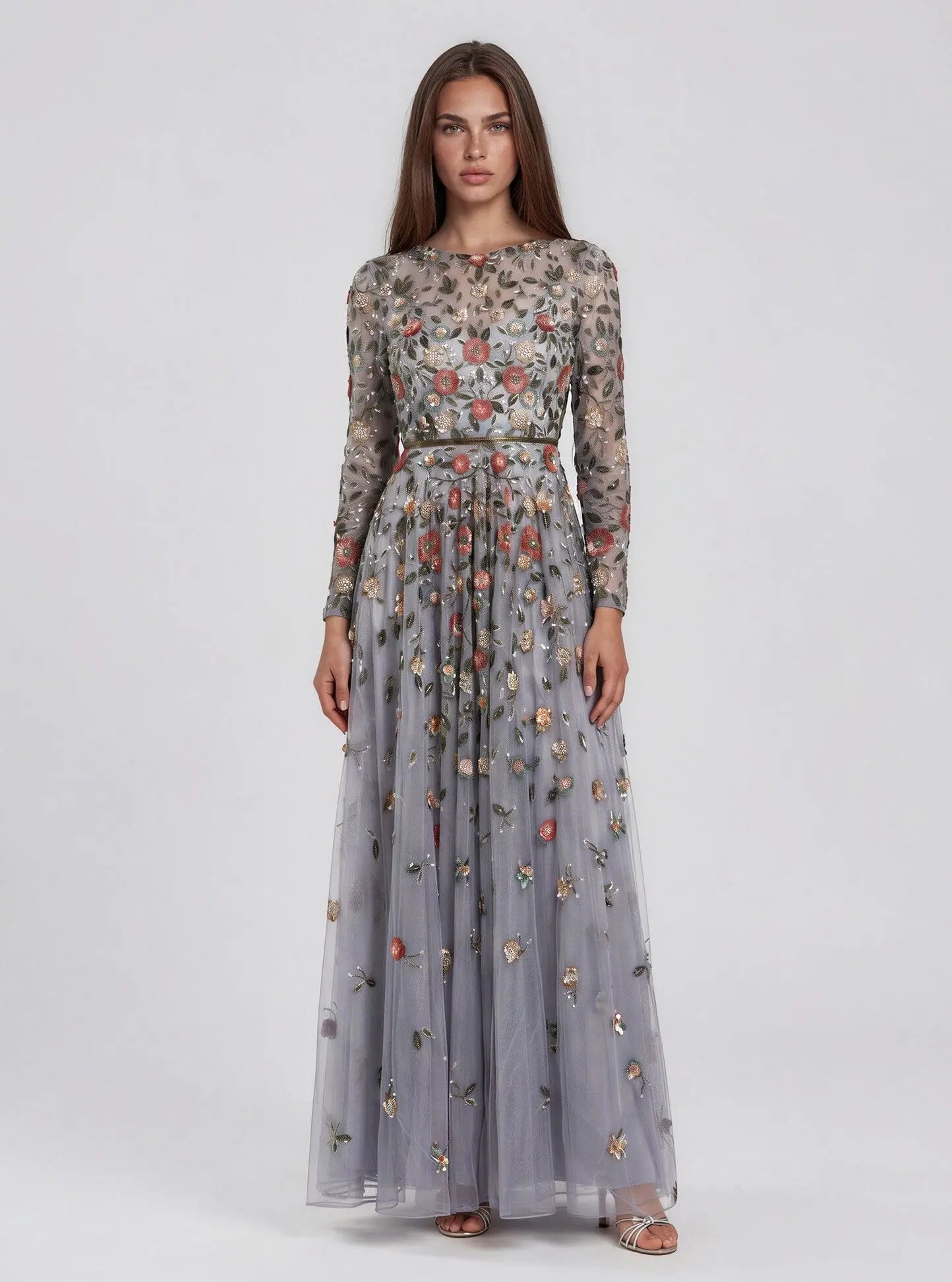 Gray Embellished High Neck Long Sleeve A Line Gown Mac Duggal 