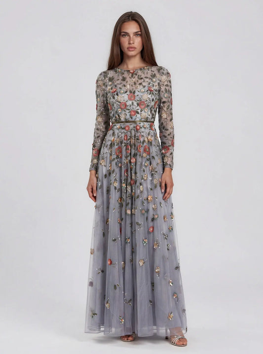 Gray Embellished High Neck Long Sleeve A Line Gown Mac Duggal 