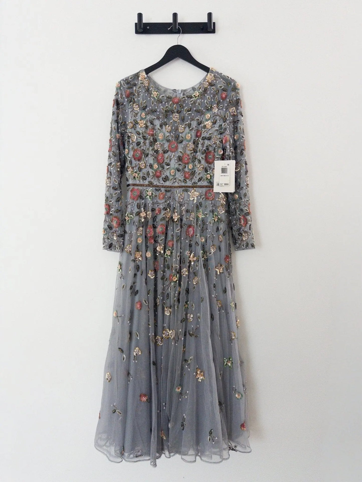 Gray Embellished High Neck Long Sleeve A Line Gown Mac Duggal 
