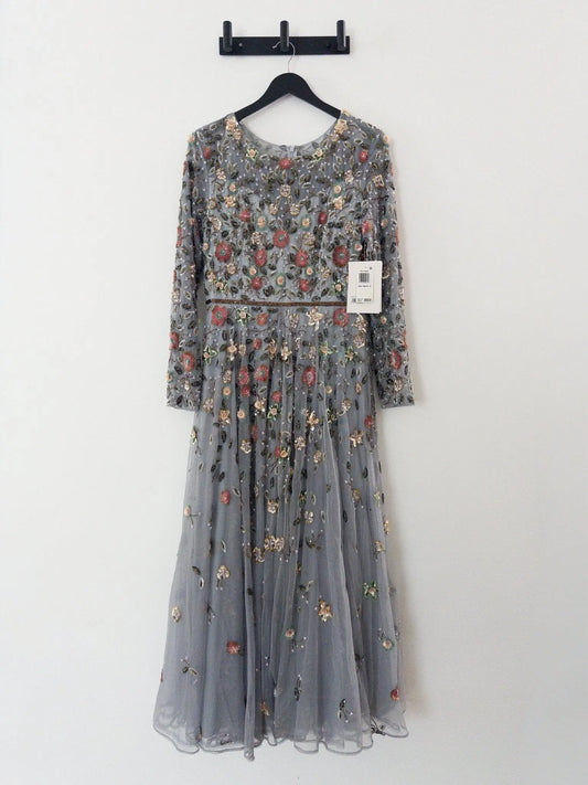 Gray Embellished High Neck Long Sleeve A Line Gown Mac Duggal 