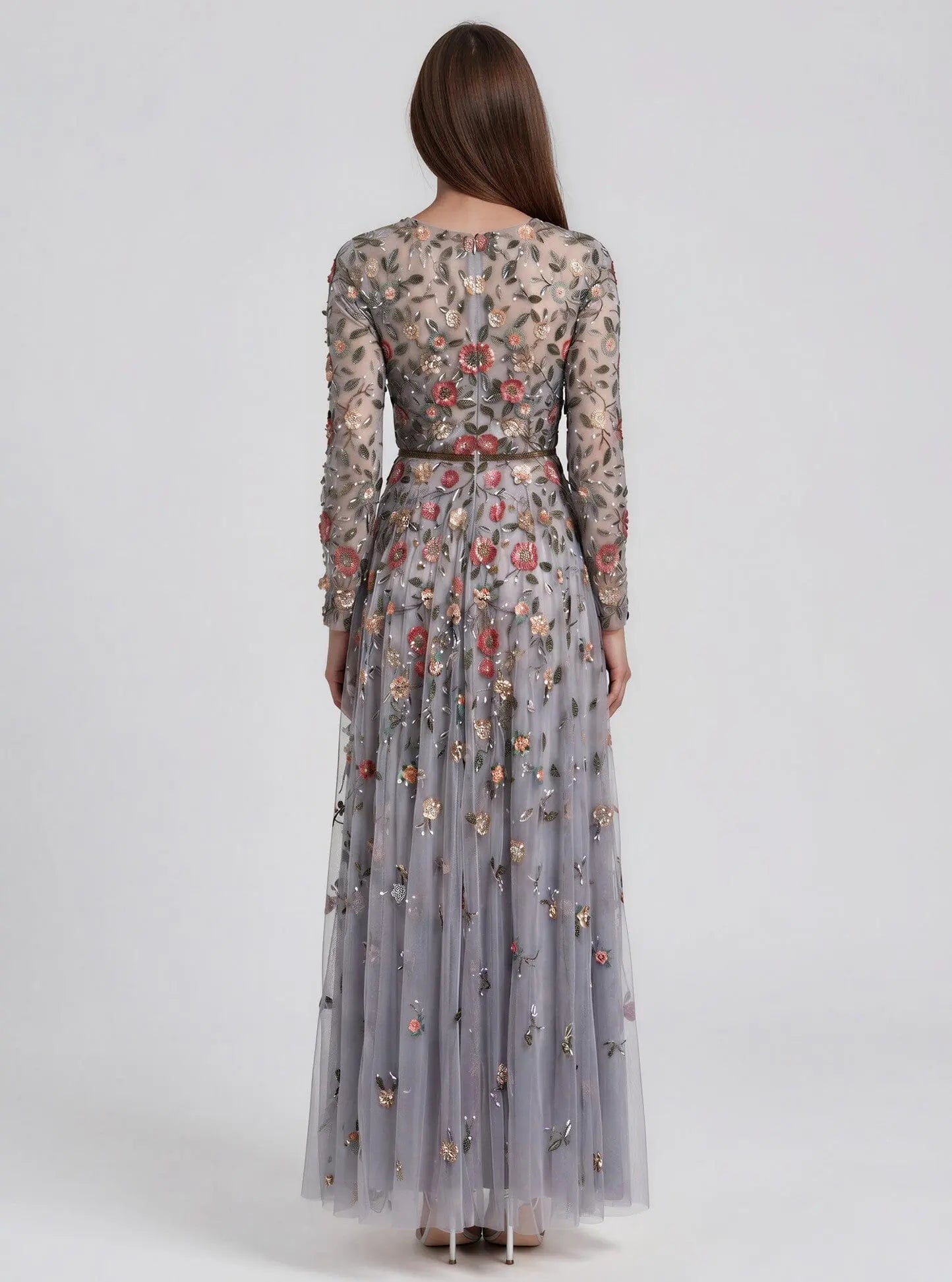 Gray Embellished High Neck Long Sleeve A Line Gown Mac Duggal 