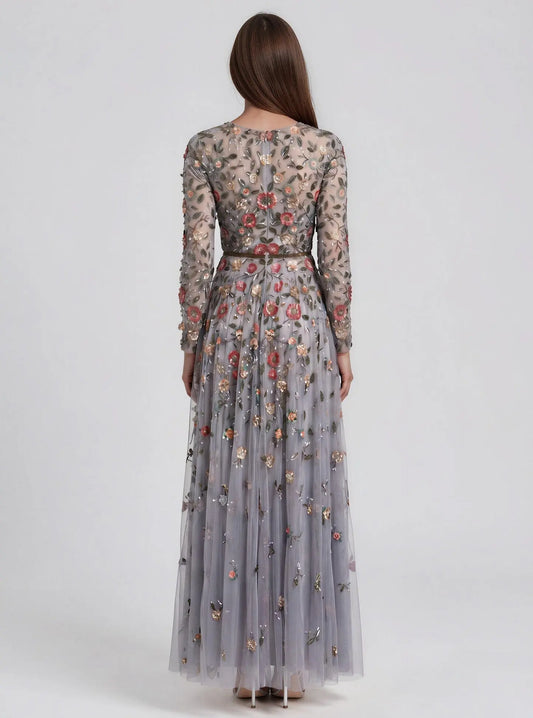 Gray Embellished High Neck Long Sleeve A Line Gown Mac Duggal 