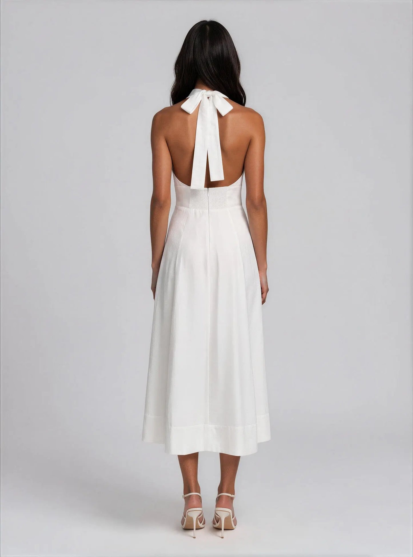 Halter V-Neck Tie-Back Midi Dress - Layalita