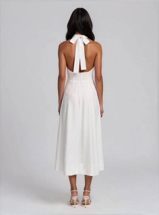 Halter V-Neck Tie-Back Midi Dress - Layalita