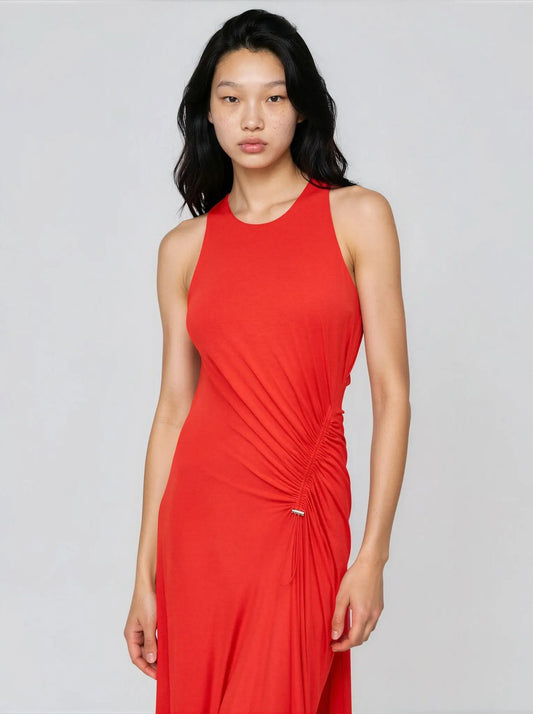 Jewel Neck Ruched - Front Sleeveless Dress - Layalita