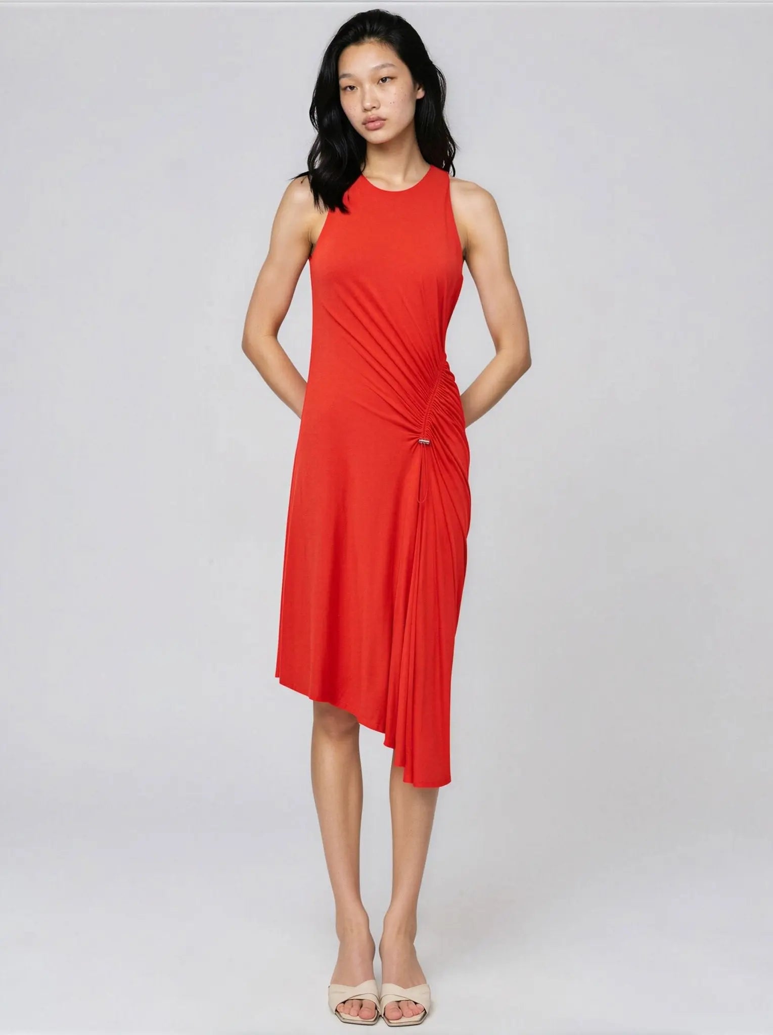 Jewel Neck Ruched - Front Sleeveless Dress - Layalita