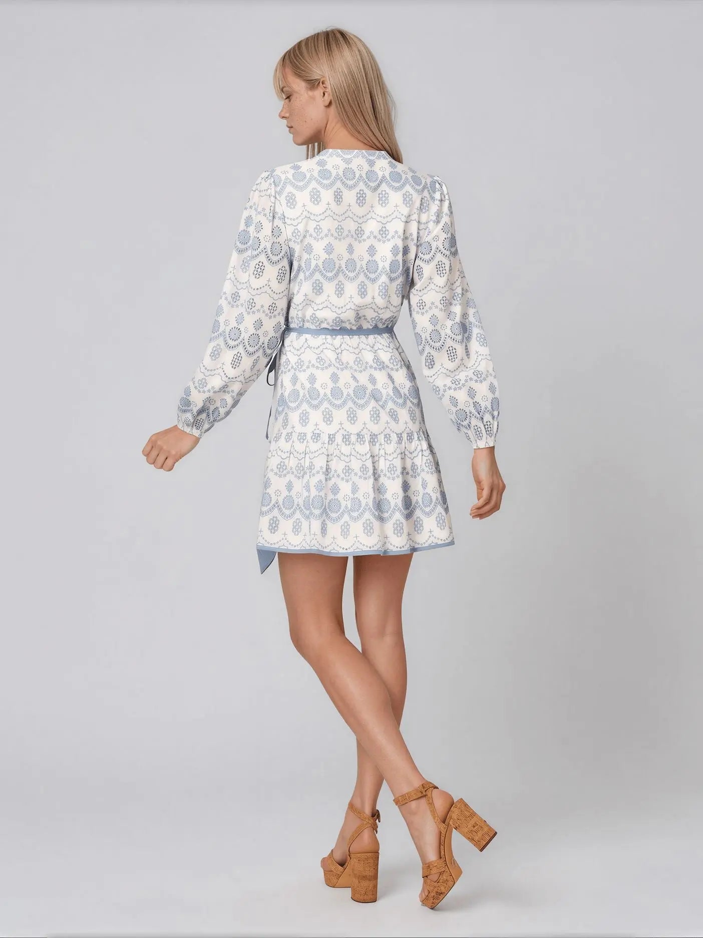 Long Sleeve Flounce Eyelet Shirt Dress Light Blue - Layalita
