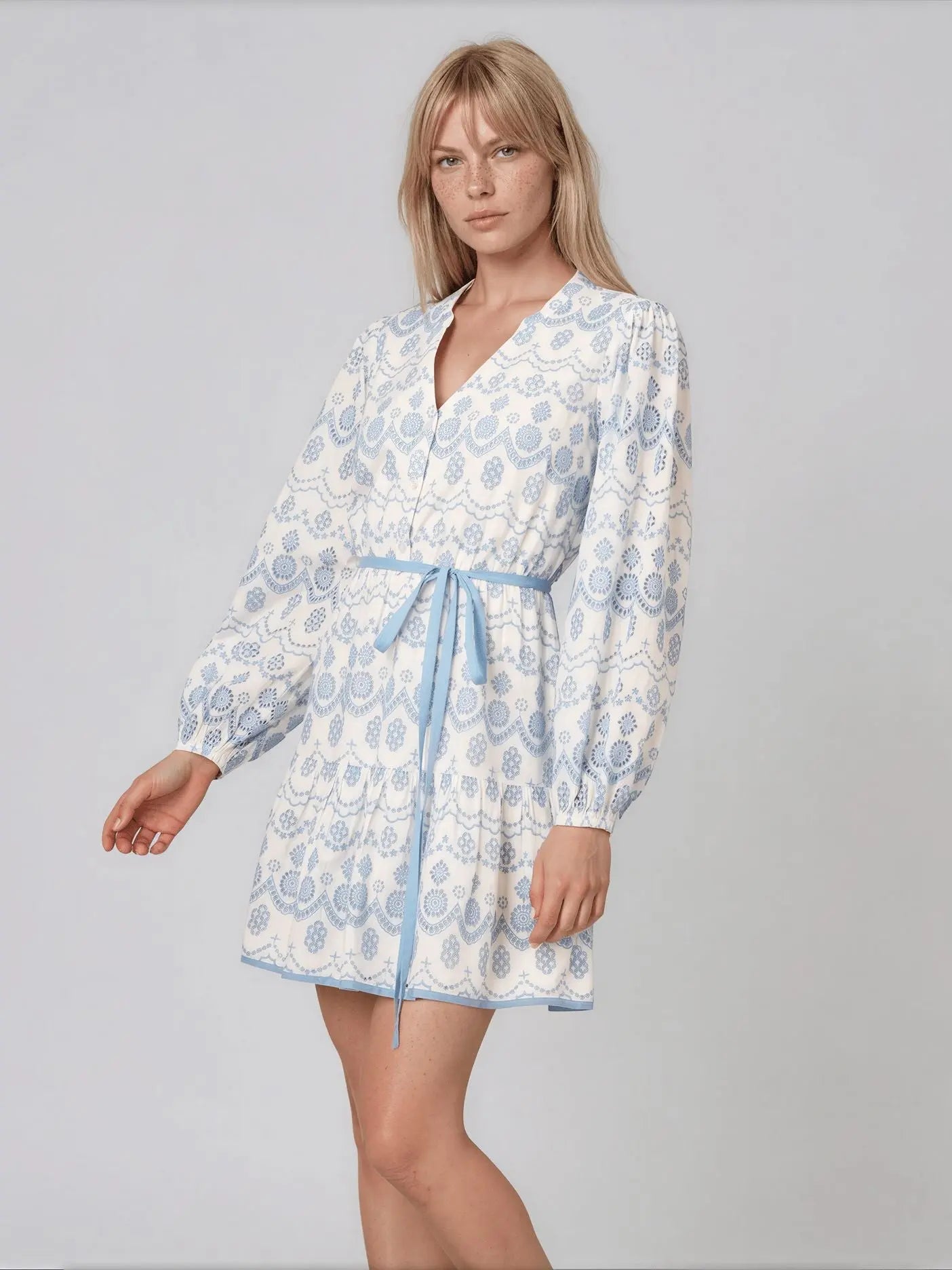 Long Sleeve Flounce Eyelet Shirt Dress Light Blue - Layalita