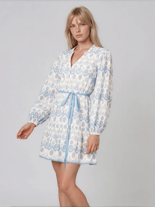 Long Sleeve Flounce Eyelet Shirt Dress Light Blue - Layalita