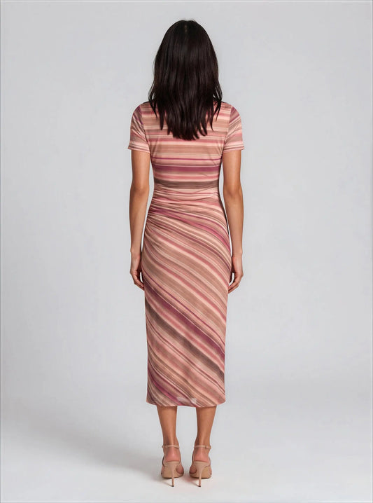 Mesh Striped Side-Knot Boat-Neck Midi Dress - Layalita