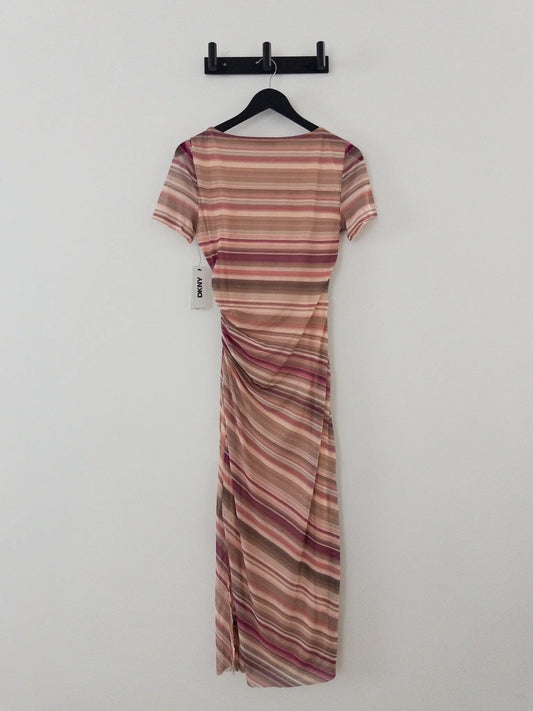 Mesh Striped Side-Knot Boat-Neck Midi Dress DKNY 