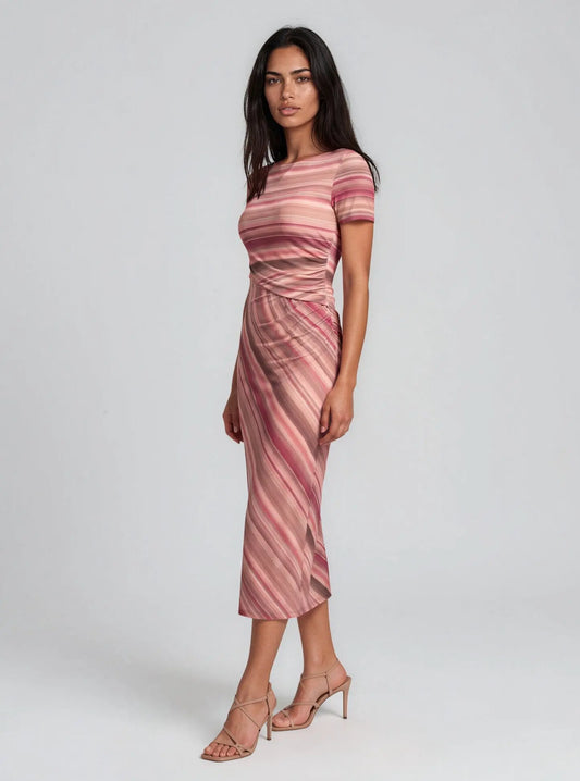 Mesh Striped Side-Knot Boat-Neck Midi Dress - Layalita