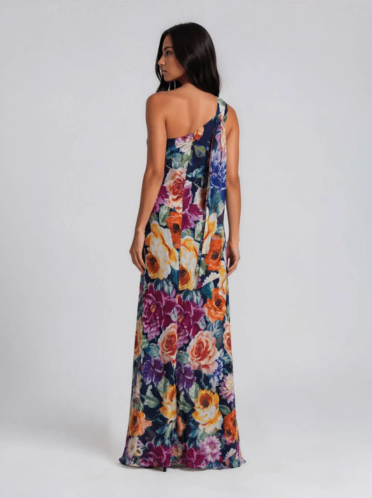 One-Shoulder Floral Chiffon Dress - Layalita