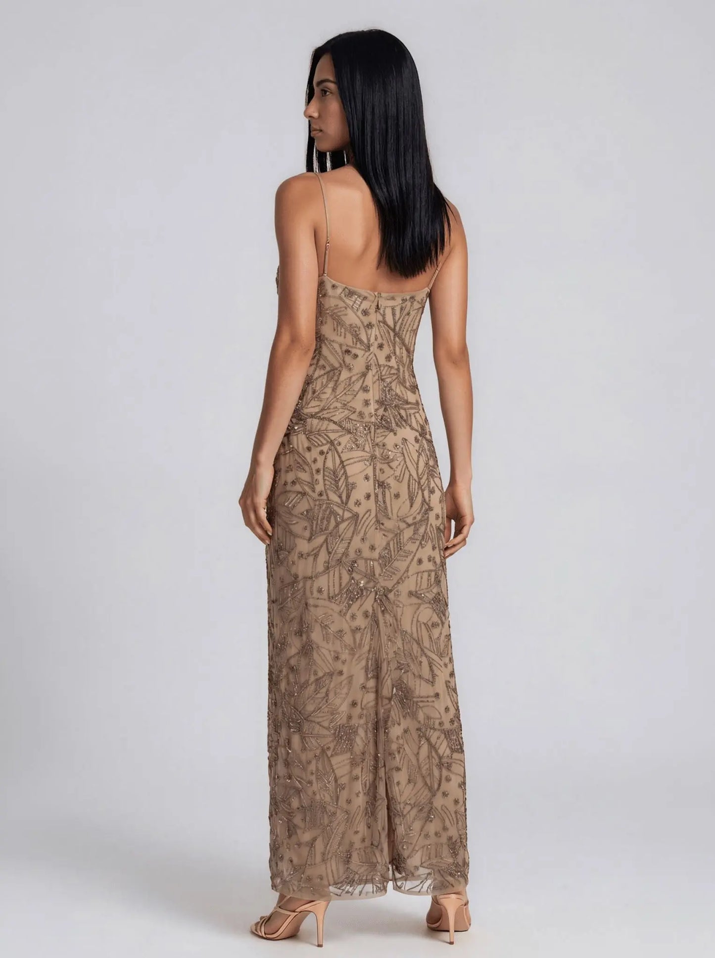 Palm-Frond-Motif Beaded Mesh Gown - Layalita