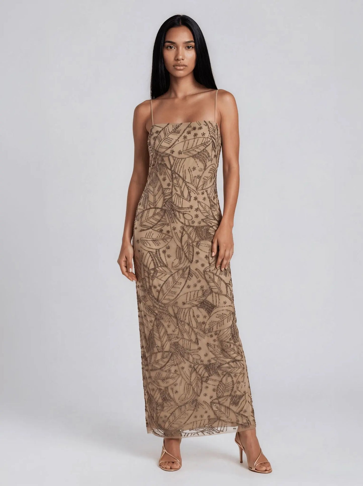 Palm-Frond-Motif Beaded Mesh Gown - Layalita
