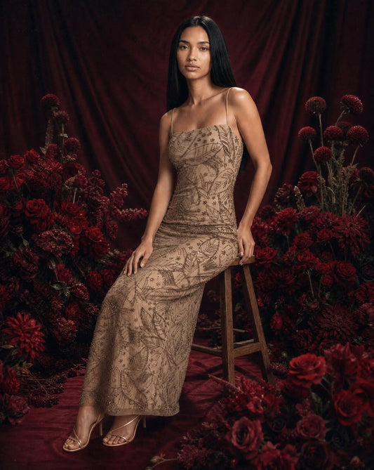 Palm-Frond-Motif Beaded Mesh Gown - Layalita
