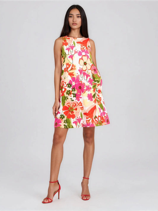 Petite Printed Sleeveless Scuba Trapeze Dress - Layalita