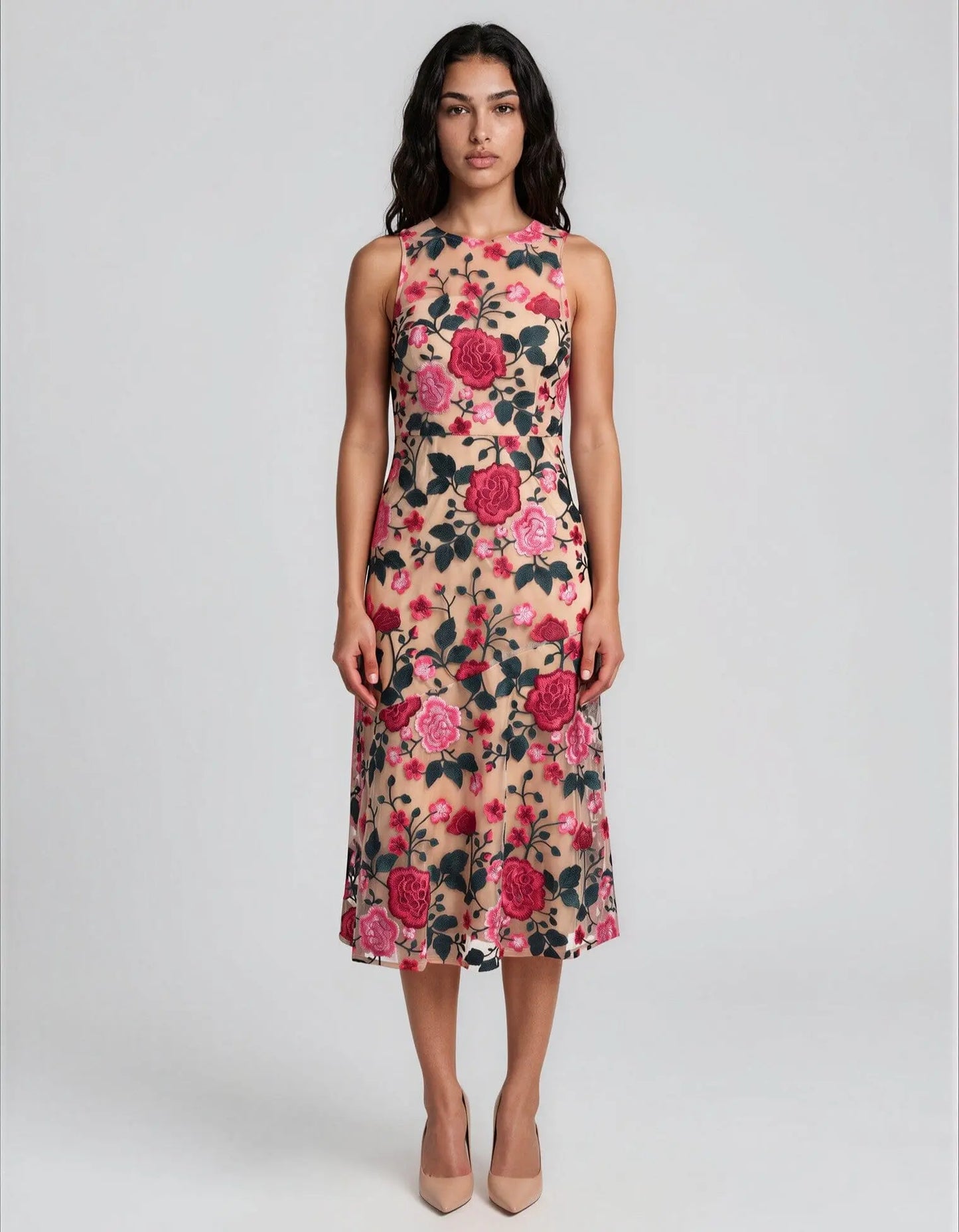 Pink Rose Embroidered Sleeveless Dress - Layalita