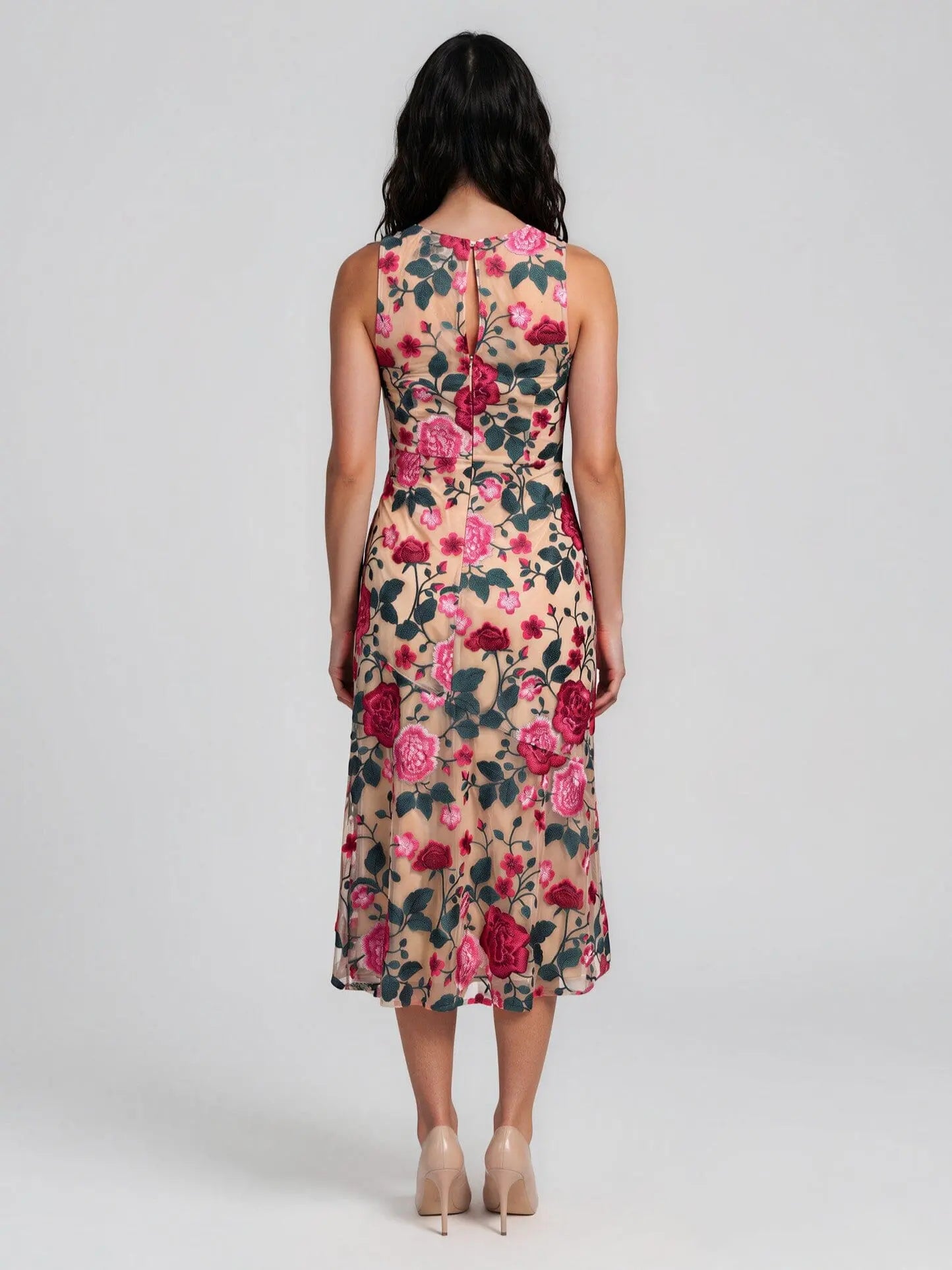 Pink Rose Embroidered Sleeveless Dress - Layalita