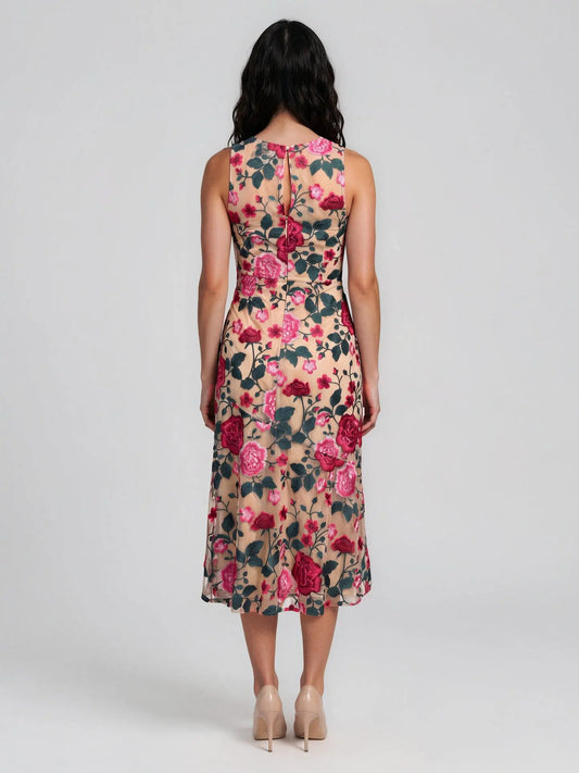 Pink Rose Embroidered Sleeveless Dress - Layalita