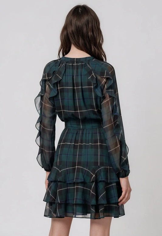 Plaid Ruffle-Trim Georgette Tiered Dress - Layalita