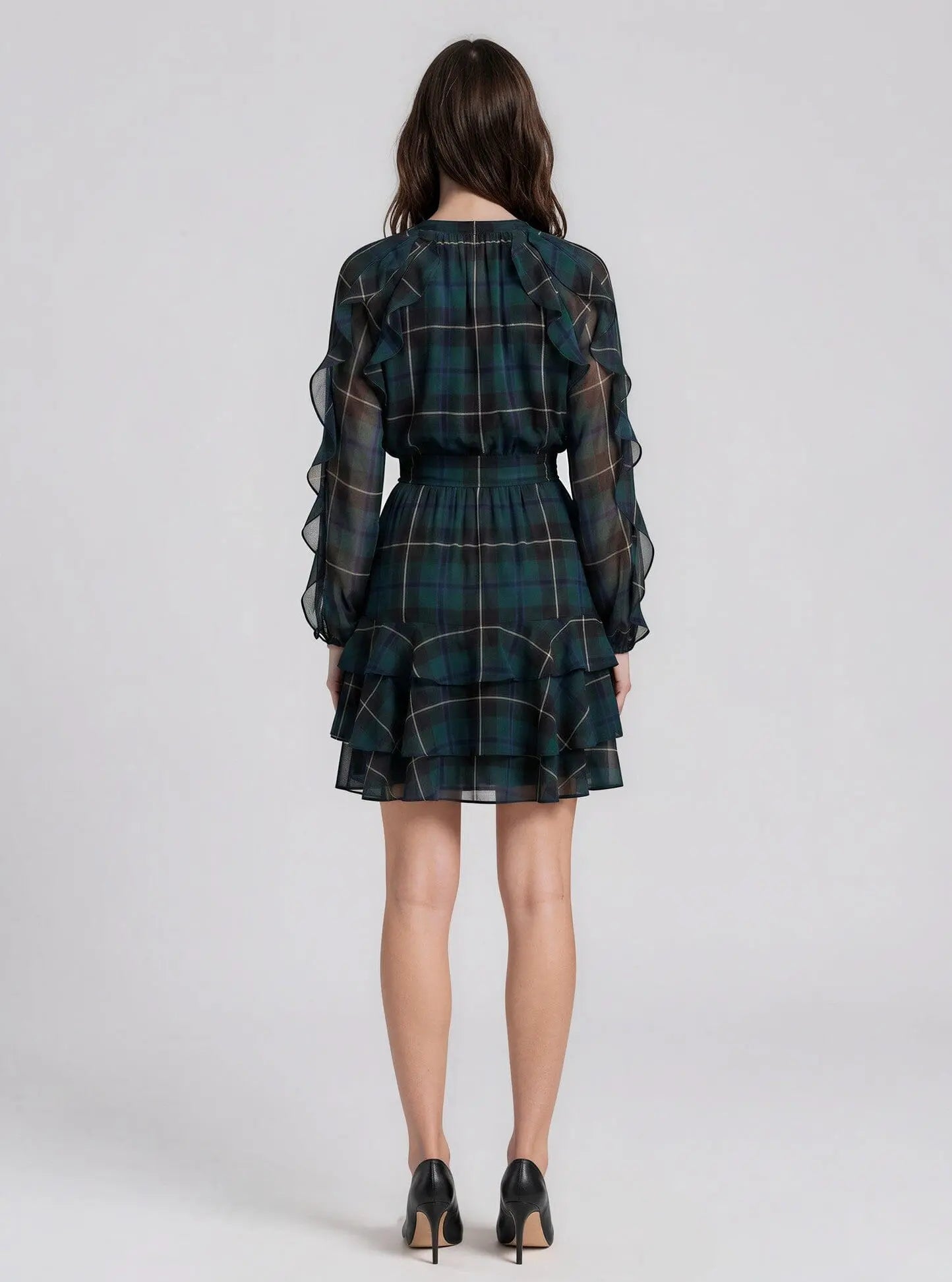 Plaid Ruffle-Trim Georgette Tiered Dress - Layalita
