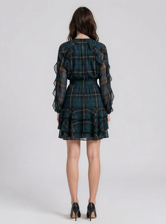 Plaid Ruffle-Trim Georgette Tiered Dress - Layalita