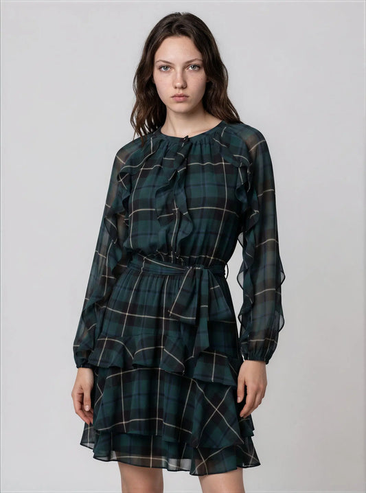 Plaid Ruffle-Trim Georgette Tiered Dress - Layalita