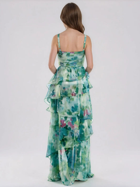 Pleated - Bodice Tiered Chiffon Gown - Layalita