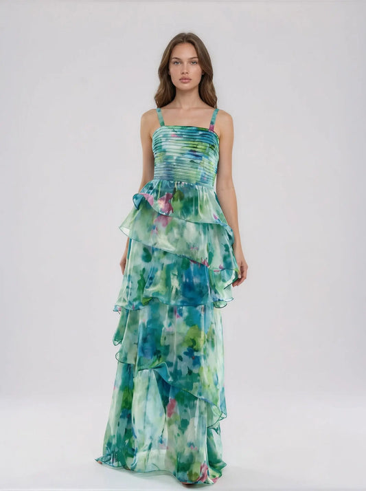 Pleated - Bodice Tiered Chiffon Gown - Layalita