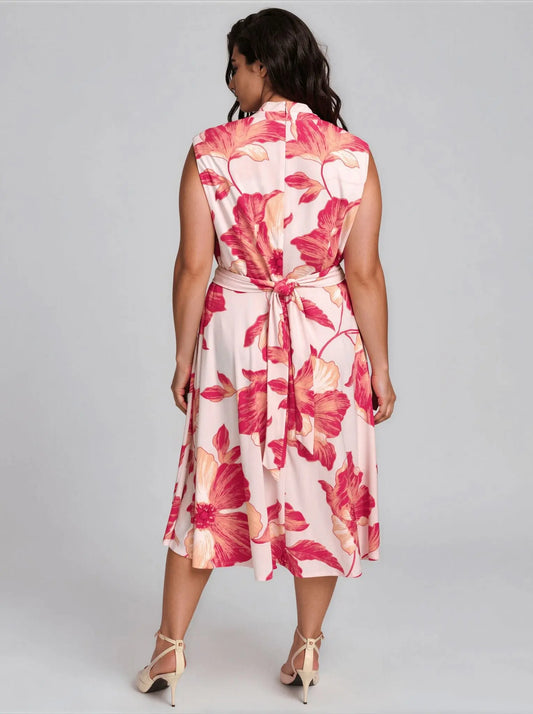 Plus Size Floral - Print Belted Midi Dress - Layalita