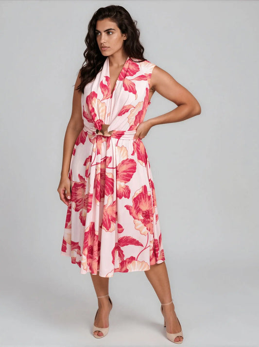 Plus Size Floral - Print Belted Midi Dress - Layalita